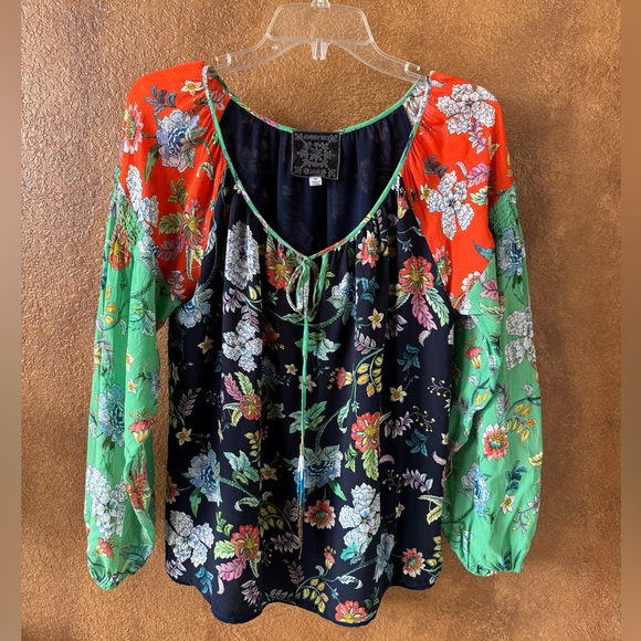 Johnny Was Tops - Johnny Was Black Green Orange Floral Print Peasant Top Seed Bead Tassels Size M